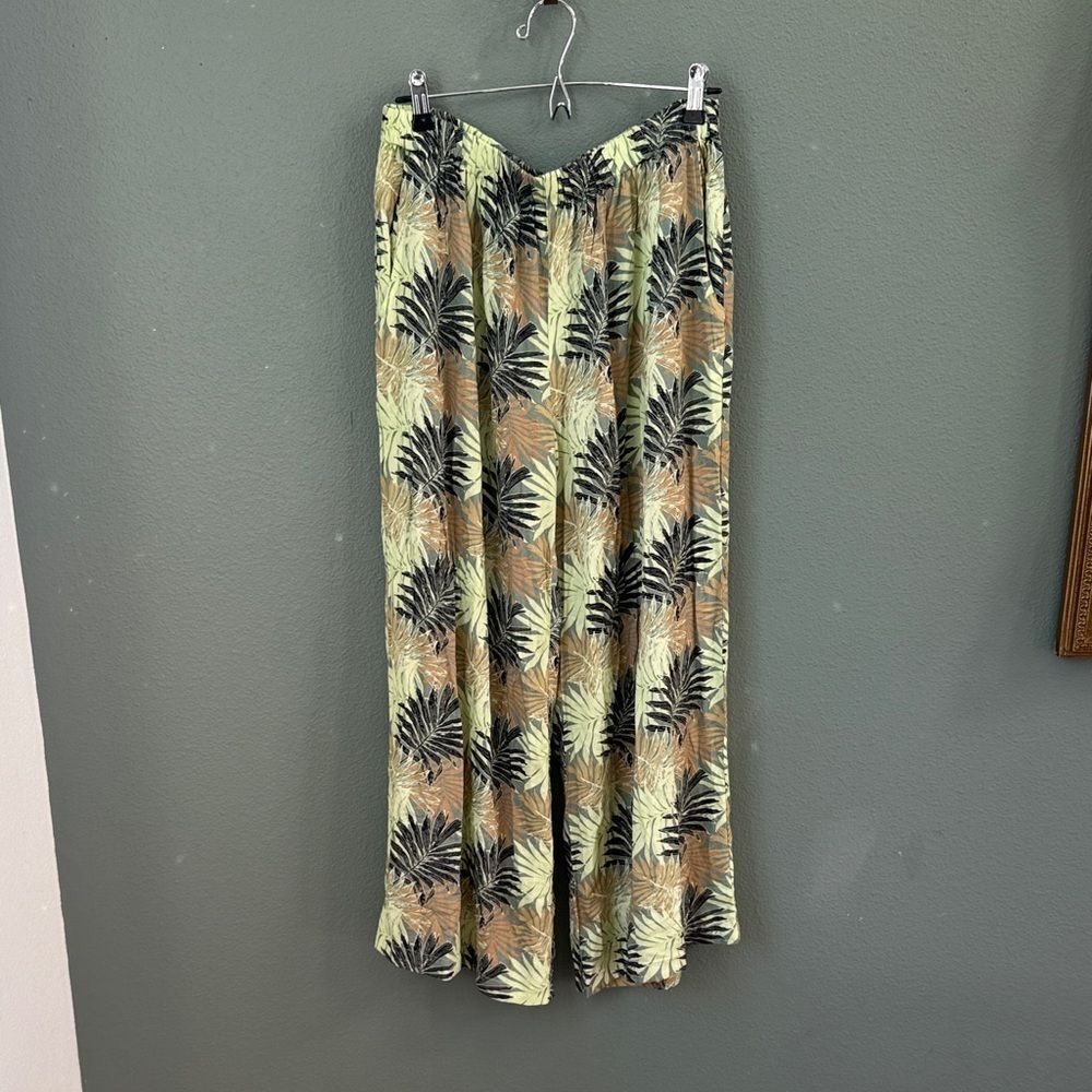Hawaiian Sz XL Wide Leg Tropical Pull On Pant Green and Brown VTG